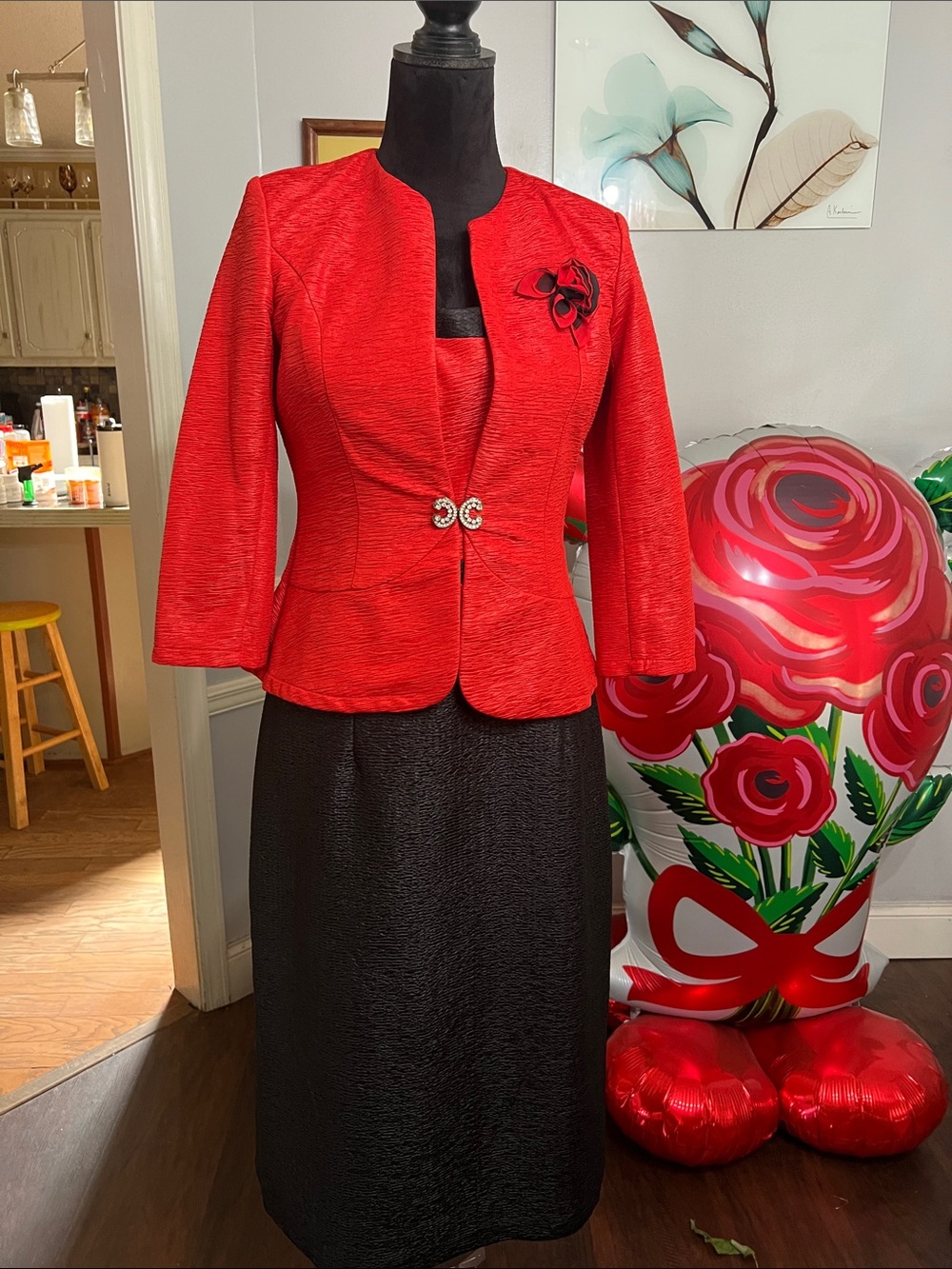 Source Unknown Red Peplum Jacket with Black Dress